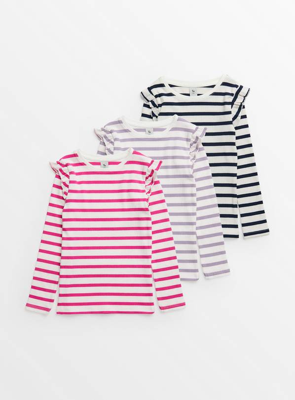 Stripe & Frill Ribbed Long Sleeve Tops 3 Pack  3 years
